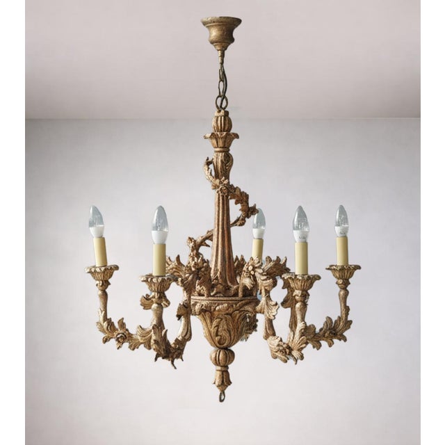 Mid-Century Modern Early 20th Century Giltwood Five-Arm Chandelier, Central Europe, 1920s For Sale - Image 3 of 6