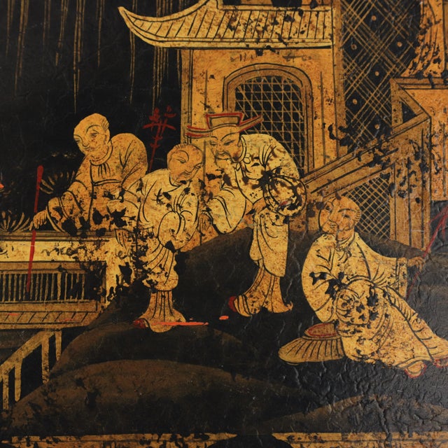 Vintage Hand Painted Chinoiserie Tole Tray Black Lacquer With Gold Gilt Scenic Pagoda Motif For Sale - Image 9 of 16