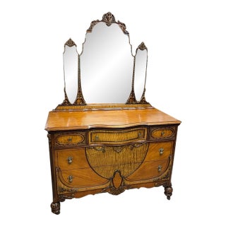 Antique 1930's Bedroom Mirrored Dresser, Hand Carved Walnut, Burl Inlay, Beveled Glass Mirror, 5 Drawers For Sale