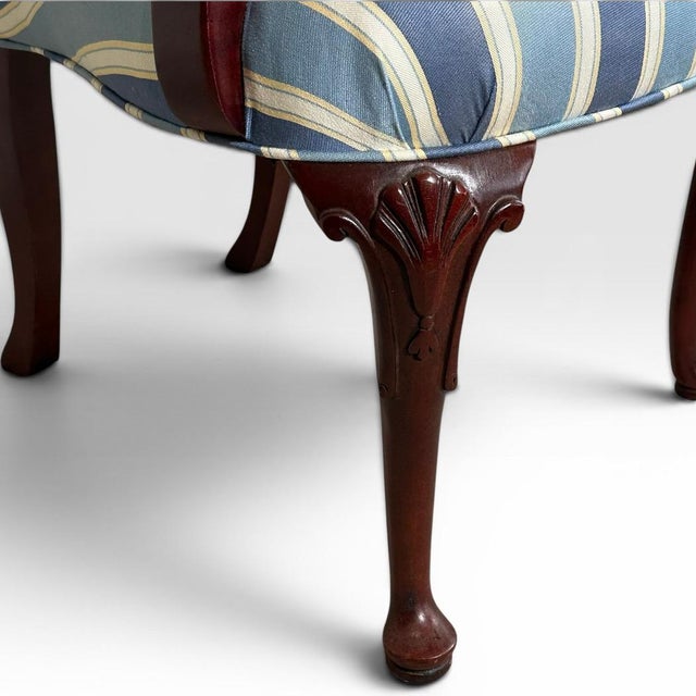 Pair of Vintage Upholstered Queen Anne Style Striped Armchairs With Shell Carving For Sale - Image 11 of 17