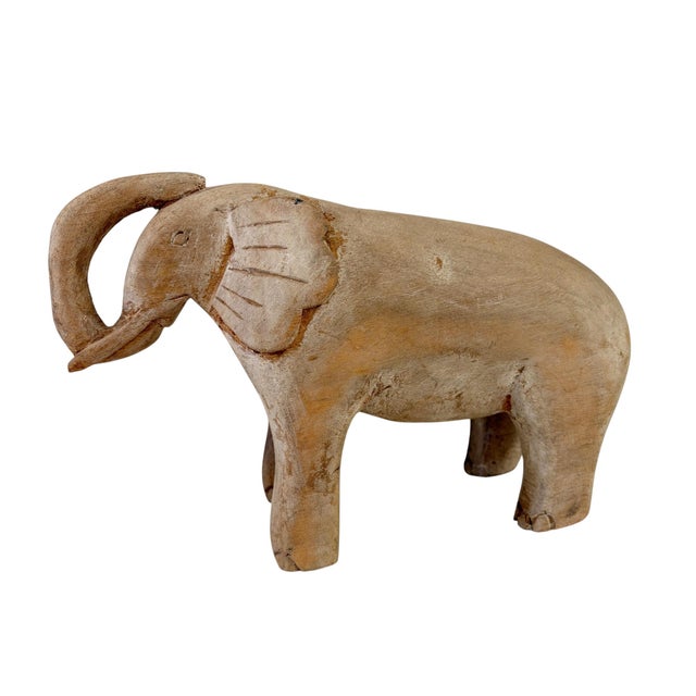 1980s Vintage Hand Carved Wood Elephant With Tusks For Sale - Image 5 of 5