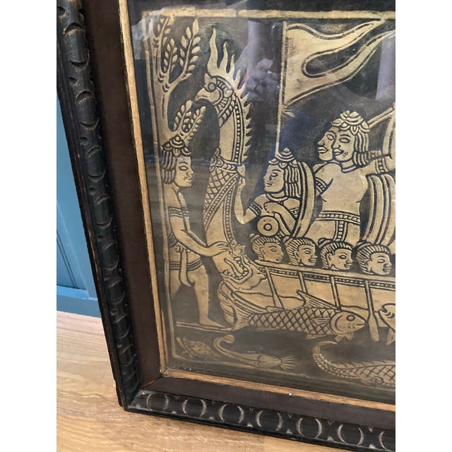 Lovely old handicraft from Thailand on embossed leather with gold leaf application, depicting a dragon boat with ten...