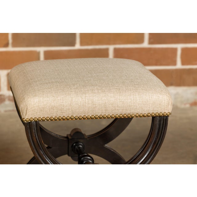 Traditional Viennese 1900s Black Stools with X-Form Bases and Custom Upholstery, a Pair For Sale - Image 3 of 12