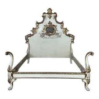 20th French Antique White and Giltwood Queen Bed With Original Painting For Sale