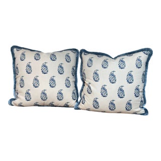 Lisa Fine Custom Blue Down Pillows With Samuel & Sons Fringe - a Pair For Sale