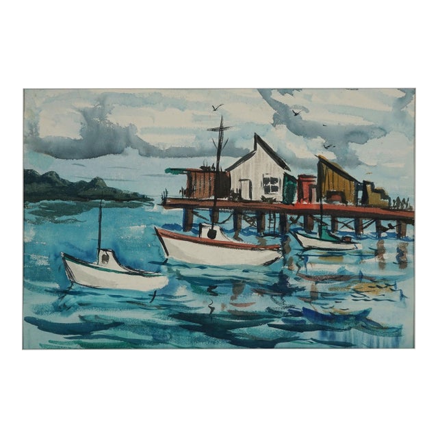 Mid Century Modern Nautical Landscape - Sailboats by the Wharf by Bertram Spencer For Sale