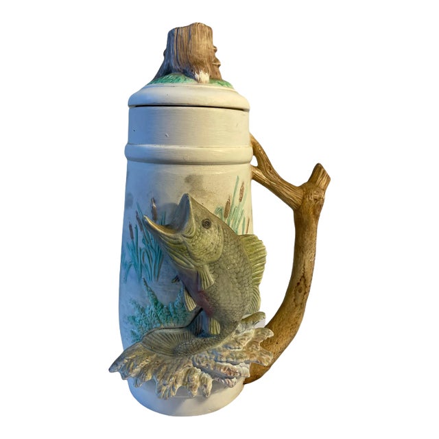 1960s Hand Painted 3-Dimensional Sculpted Porcelain Fish Rustic Scene Lidded Decorative Vessel For Sale