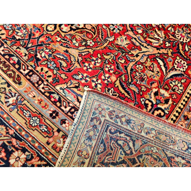 Early 20th Century Kashan Rug, Hand-Knotted Wool & Cotton, Floral Design, Red & Navy, 5x7 For Sale - Image 15 of 16