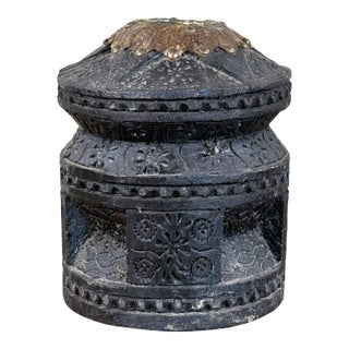 Vintage Tribal Bedouin Carved Wood Coffee Mortar With Brass Rim Mihbaj For Sale