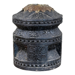 Vintage Tribal Bedouin Carved Wood Coffee Mortar With Brass Rim Mihbaj