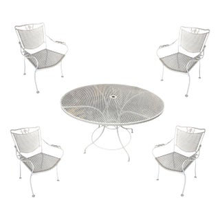 Mid-Century Scrolling Wrought Iron Patio Table and Chairs Set by Woodard For Sale