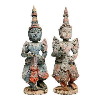 Antique Polychromed Pastel Shaded Wood Teppanom / Guardian Thai Angels, Statues or Figures - A Pair 18" For Sale