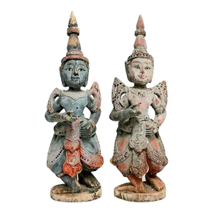 Antique Teppanom / Guardian Thai Angels, Carved Wood Statues or Figures - A Pair 18"