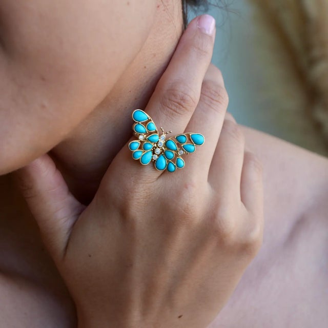 Turquoise Nina Zhou Butterfly Turquoise Diamond Cocktail Ring in 14k Yellow Gold, size 9.5 For Sale - Image 8 of 12