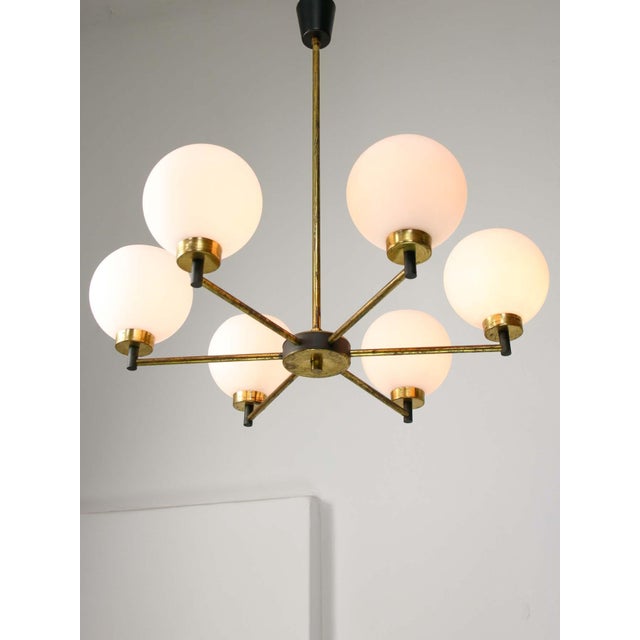 Mid-Century Modern Italian Brass and Opaline Chandelier For Sale - Image 16 of 16
