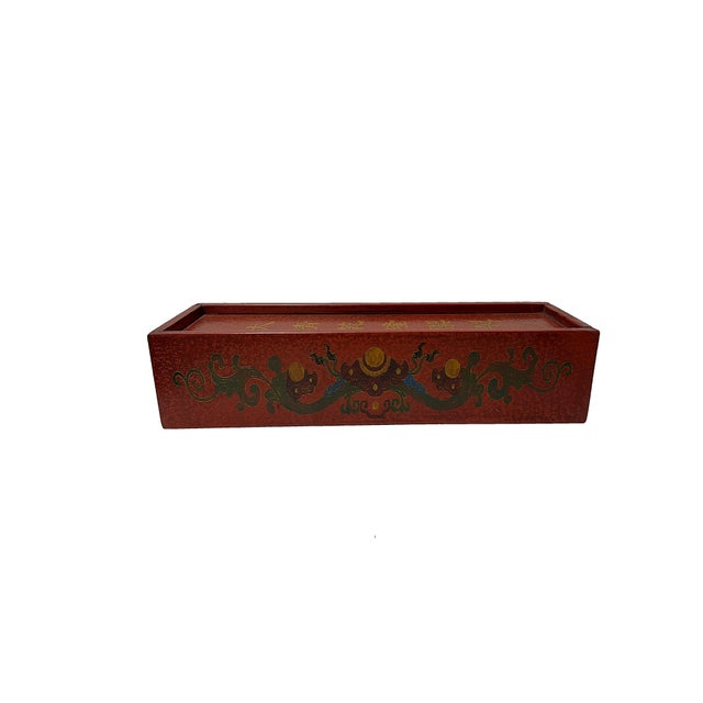 Chinoiserie Chinese Distressed Red Lacquer Chinoiserie Long Rectangular Treasure Box For Sale - Image 3 of 10