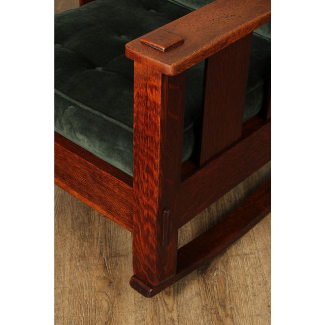 Stickley Brothers Antique Oak Arts & Crafts Rocking Chair With Green Upholstered Cushions For Sale - Image 13 of 18