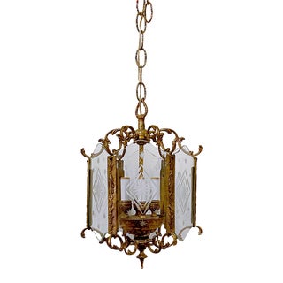 1930s Vintage Bronze Lantern With Etched Glass Panels For Sale