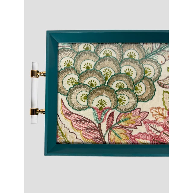 Teal Custom Tray Lee Jofa Embroidered Linen Teal For Sale - Image 8 of 11