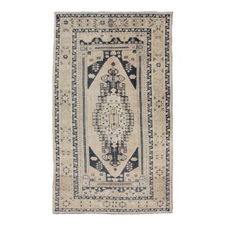 Vintage Turkish Oushak Rug With Ivory Field and Deep Blue Medallion Design For Sale