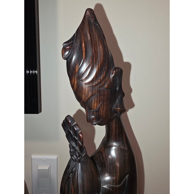 1950s Monumental Mid-Century Balinese Art Deco Elongated Maiden Hardwood Sculpture For Sale - Image 5 of 12