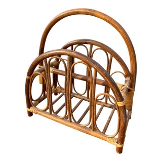 Vintage Natural Bamboo Wicker Magazine Rack in Coastal Boho Chic Style For Sale