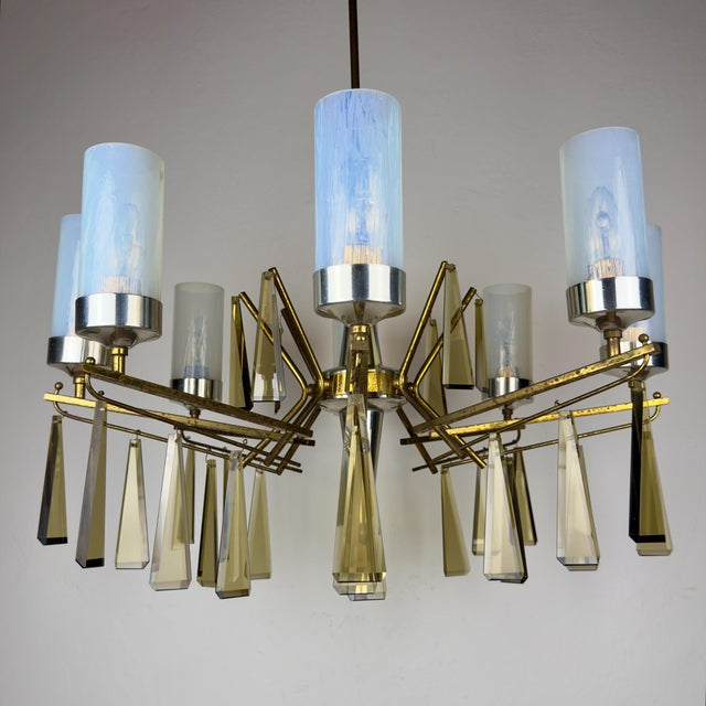 Blue Large Mid-Century Italian Sculptural Chandelier in Brass and Glass, Italy, 1950s For Sale - Image 8 of 18