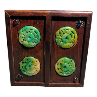 Vintage Huali Wood Double-Drawer Jewelry Box With Carved Green Jade Discs For Sale
