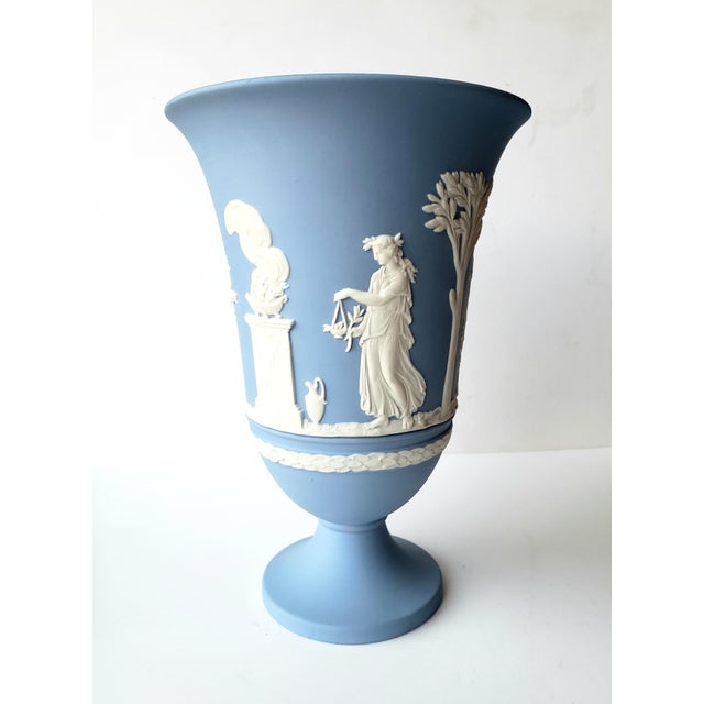 Vintage 1974 Wedgwood Blue Jasperware Trophy Vase - "The Muses" Neoclassical Pedestal Urn For Sale In Los Angeles - Image 6 of 6