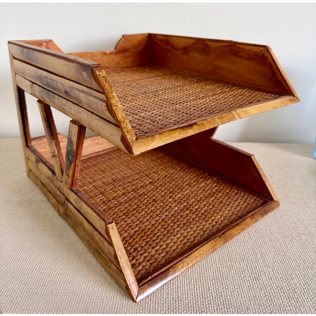 Brown Bamboo Woven Rattan Tiered Desk Organizer For Sale - Image 8 of 9
