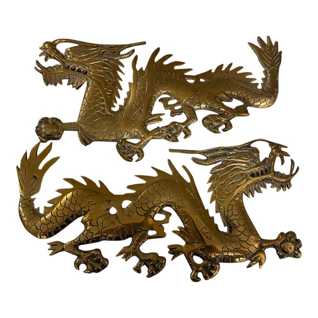 Pair of Chinese Wall Mounted Brass Dragons 16” For Sale