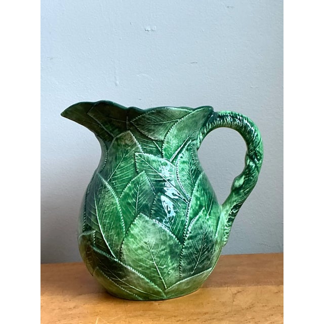 Vintage Green Leaf Motif Ceramic Pitcher For Sale - Image 4 of 13