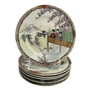 Vintage Hand Painted Japanese Geisha Plates. Signed. Set of 6 For Sale