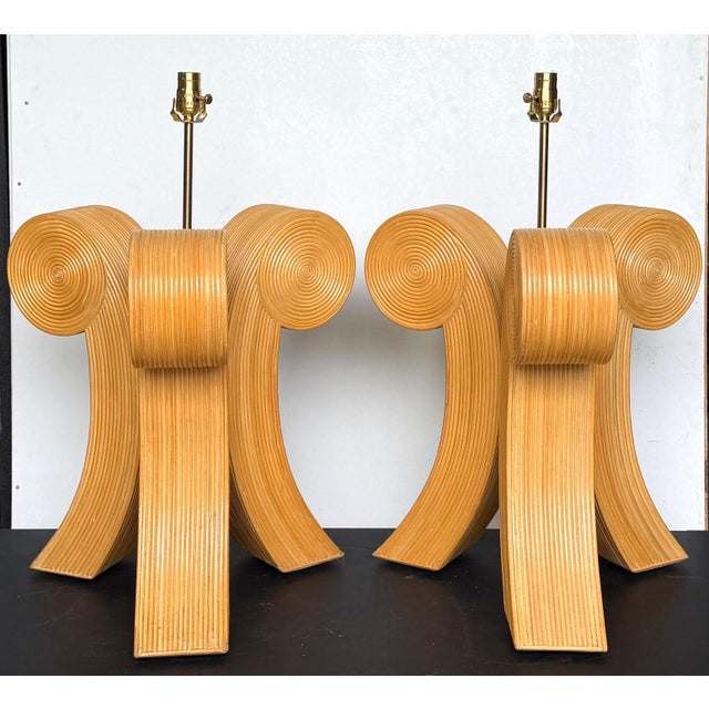 Large Pair Sculptural Modernist Pencil Reed Scroll Lamps, 1980s United States, circa 1980s This striking pair of...