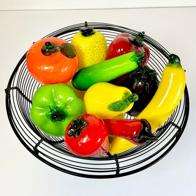 Glass Mid-Century Italian Venetian Glass Fruit & Vegetables in Wire Bowl Murano Attributed - Set of 13 For Sale - Image 7 of 13