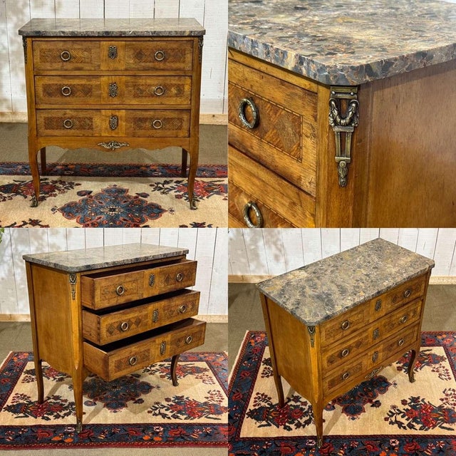 Transitional style commode in mahogany and marble top from the 1950s - W=75cm D=38cm H=79cm