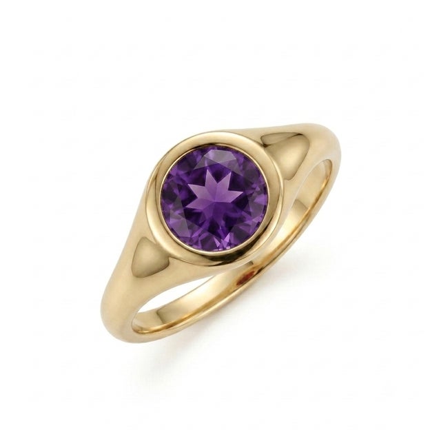 Contemporary Natural Amethyst Bezel Gemstone Ring | 18k Gold Plated Chunky Signet Band | Unisex Signet Ring Us 7 For Sale - Image 3 of 3