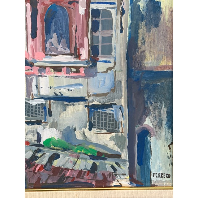 An original mid-century oil painting depicting a picturesque Mediterranean architectural façade centered around a...