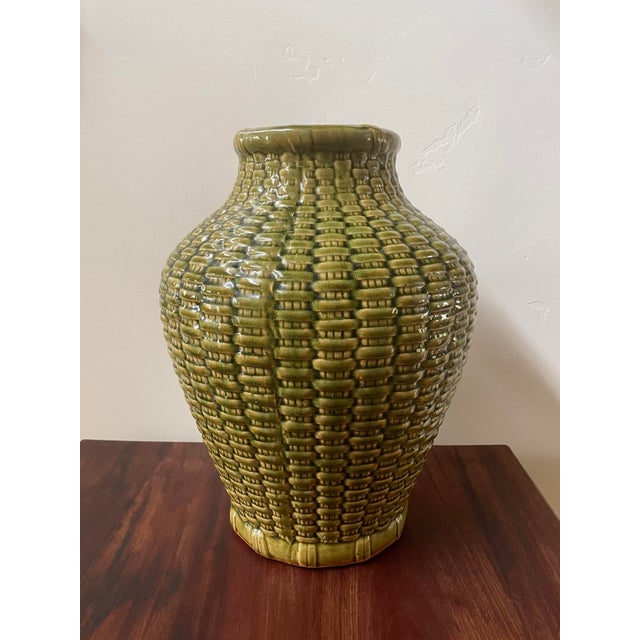 Green Mid 20th C. Embossed Basket-Weave Ceramic Green Vessel For Sale - Image 8 of 8