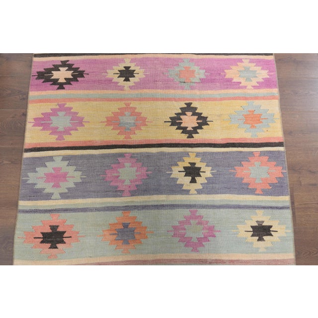 Vintage Turkish Oushak Handmade Wool Cotton Green Kilim Runner Rug For Sale - Image 4 of 9