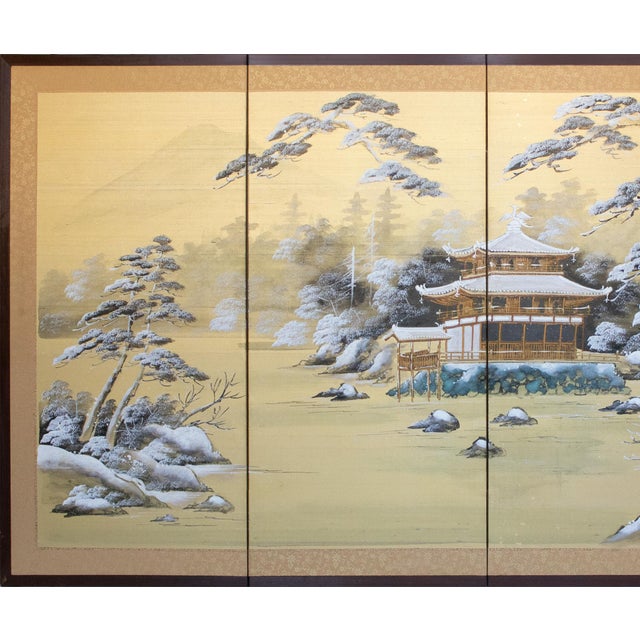Breathtakingly beautiful vintage Japanese 4-panel silk Byobu (folding screen) depicts a peaceful Winter Landscape with...