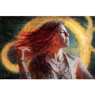Conjuring by Christopher Clark | Mixed media on wood panel woman with flowing hair and glowing background For Sale