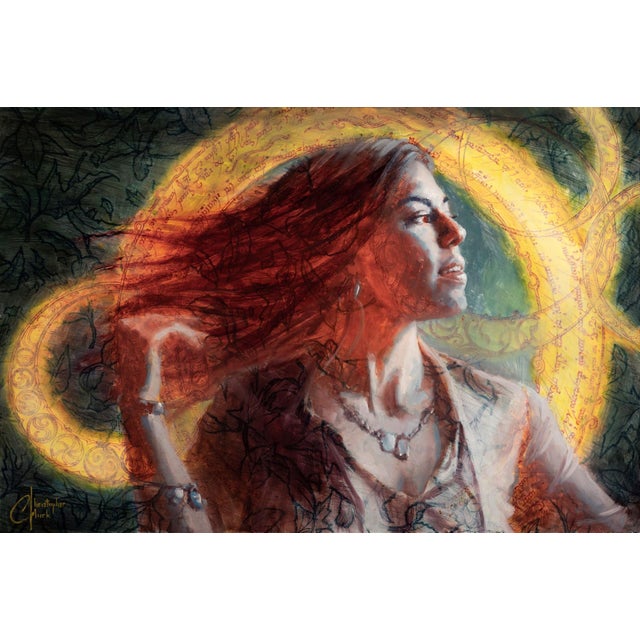 Conjuring by Christopher Clark | Mixed media on wood panel woman with flowing hair and glowing background For Sale
