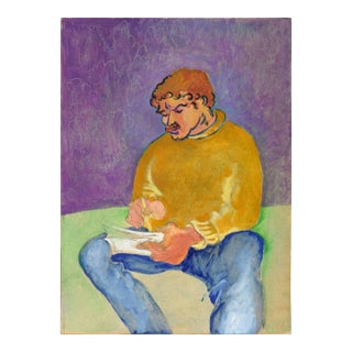 Artist Self Portrait in Orange Sweater, Fauvist Style, 14x10 by Don Klopfer For Sale