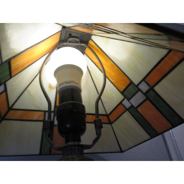 Metal Vintage Stained Glass Frank Lloyd Wright Style Mission Glass Art Table Lamp For Sale - Image 7 of 12