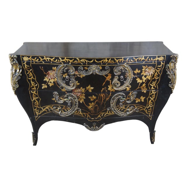 French Louis XV Style Chinoiserie Serpentine Bombe Commode Chest of Drawers For Sale