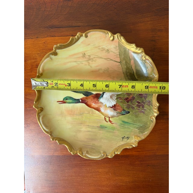 Antique Limoges Coronet France Hand Painted Mallard Duck Plate With Gilded Rococo Rim For Sale - Image 10 of 11