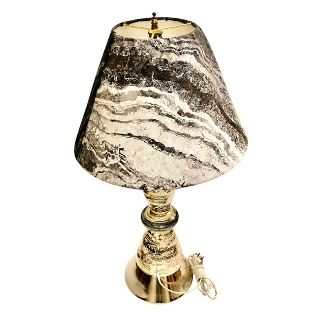 Gray 1960s Atomic Mid-Century Ceramic Lamp With Black, Gray and Gold Design With Complementary Gray Swirled Fabric Shade For Sale - Image 8 of 10
