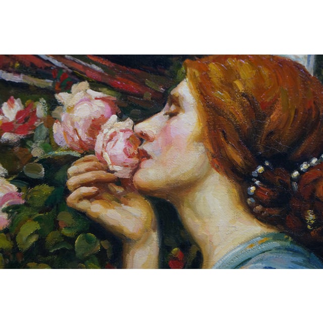Textile Late 20th Century Sole of a Rose Portrait Oil Painting on Burlap After John William Waterhouse 27" For Sale - Image 7 of 10
