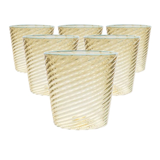 Celerie Kemble Glassware for Chairish Twisty Cups in Olive with Opal Blue Rim, Set of 6 For Sale